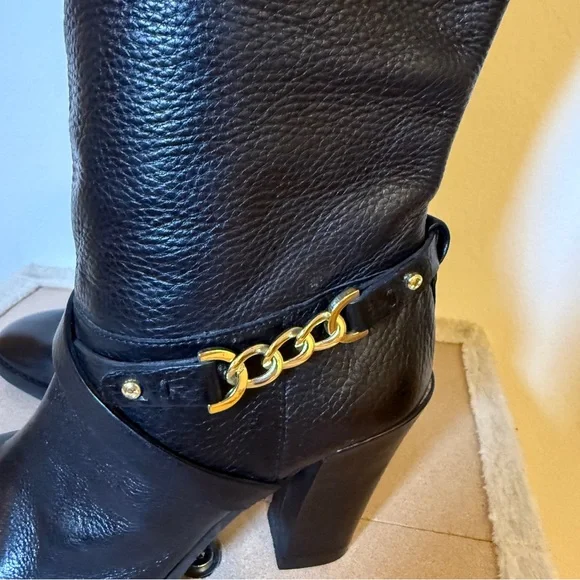 👢 Kate Spade Montreal Black Leather Chain Link Tall Boots 9.5M - Picture 9 of 10